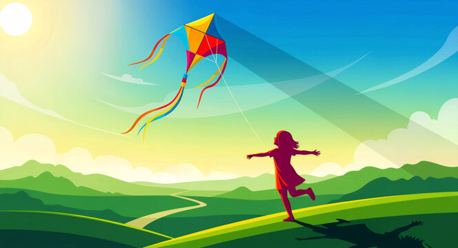 Young girl running and flying a colorful kite in a scenic landscape. Vibrant flat vector illustration of a child playing outdoors under a bright sun. Freedom and childhood joy concept for marketing.