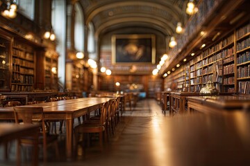 Fototapeta premium Warm, richly lit hall with rows of wooden tables and bookshelves