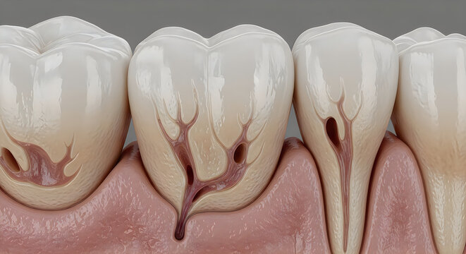 3d render of teeth with cavities and dental decay, close-up view, medical illustration, dental health concept