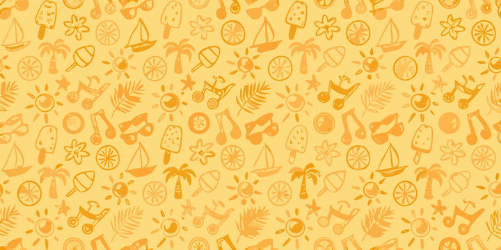Yellow line art pattern featuring travel elements like sailboats palm trees and citrus fruits
