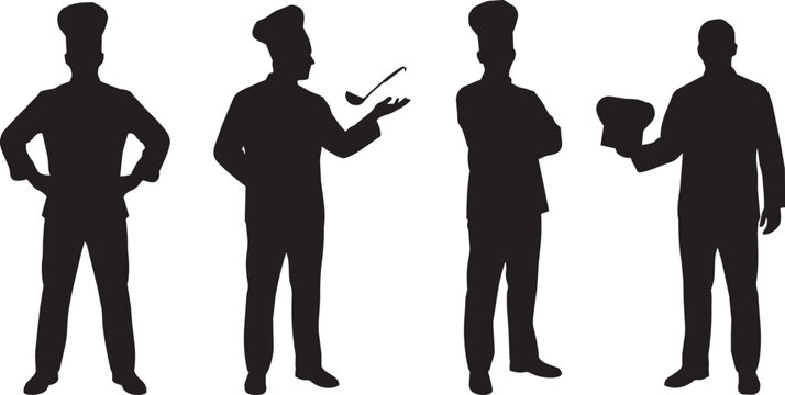 Silhouettes of Four Professional Chefs in Different Poses Isolated on White Background

Black silhouettes of four professional chefs wearing chef hats and uniforms, standing in different poses 