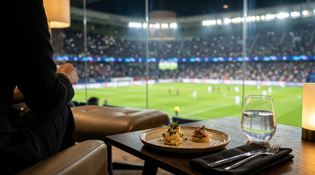 Close up view of gourmet food on a table while a person watches a football match from a private VIP lounge inside a stadium