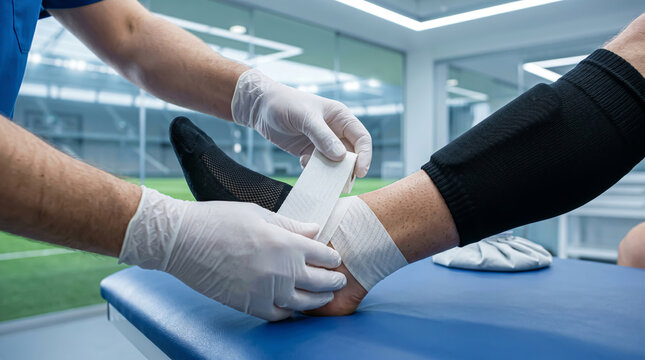 Close up view of a physiotherapist applying a compression bandage to an athlete ankle in a modern sports medicine clinic