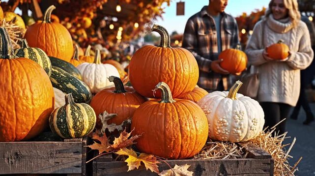 Color autumn pumpkin display at a festive outdoor market.