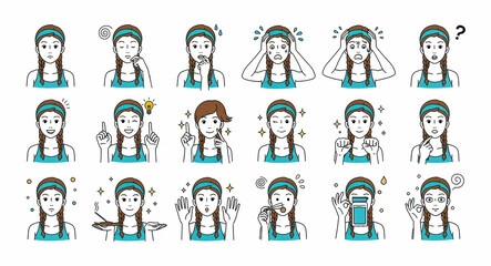 Fototapeta premium Vector set of a woman showing various facial expressions and gestures. Portraits display emotions like joy, stress, and healthy habits. Versatile icons for lifestyle and communication projects.