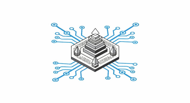 Abstract digital pyramid structure connected by glowing blue circuit lines on a white background, representing technology and data flow.