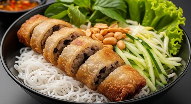  Vietnamese noodle bowl featuring crispy fried spring rolls BUN CHA GIO  served in a modern restaurant. The crispy, golden-brown blistered rice paper skins of the sliced spring rolls are the hero elem