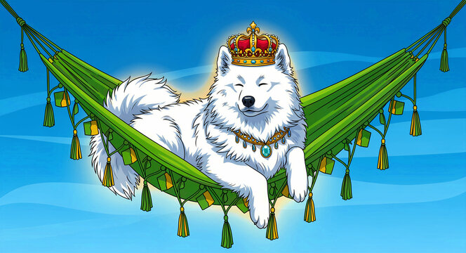 White dog wearing a royal crown and necklace relaxing in a hammock. Pampered pet resting against a blue sky in a vibrant cartoon style. Luxury pet care and royalty concept for humorous marketing.