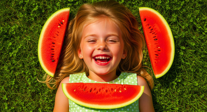 Happy girl lying on green grass with watermelon slices around her head. Child laughing and enjoying a sunny summer day outdoors. Healthy lifestyle and childhood joy concept for summer marketing.