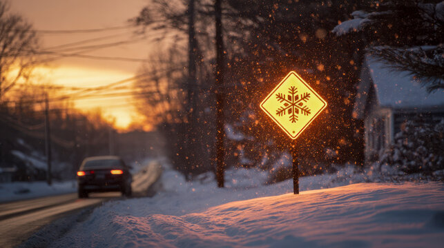 Illuminated snowflake sign warning of icy road conditions at sunset