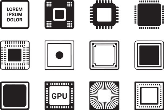 Computer processor chip icons including cpu and gpu hardware components for electronic device manufacturing and tech industry.
