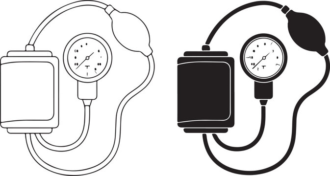 Blood pressure meter with manometer and pump bulb, line art and filled icon set, isolated on transparent background.