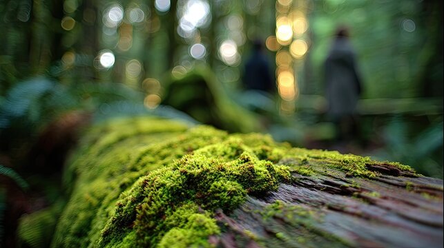 Lush green moss covers a fallen log in a misty forest with figures in background