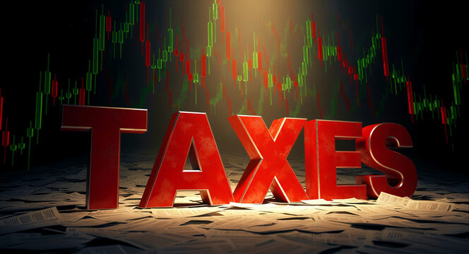 Large 3D red TAXES text standing on scattered paperwork with financial charts. Candlestick graphs show market volatility in the background. Concept for taxation and fiscal policy campaigns.