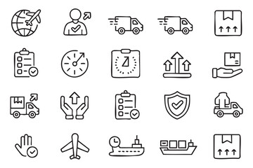 Fototapeta premium Supply Chain Logistics Icons for Distribution Platforms, Export Services and Inventory Management