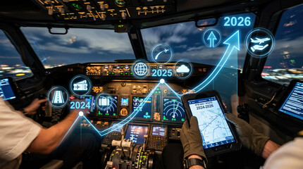 Fototapeta premium Hand holding a digital tablet in a commercial airplane cockpit with a futuristic glowing blue line graph overlay showing aviation growth trends and icons from 2024 to 2026.