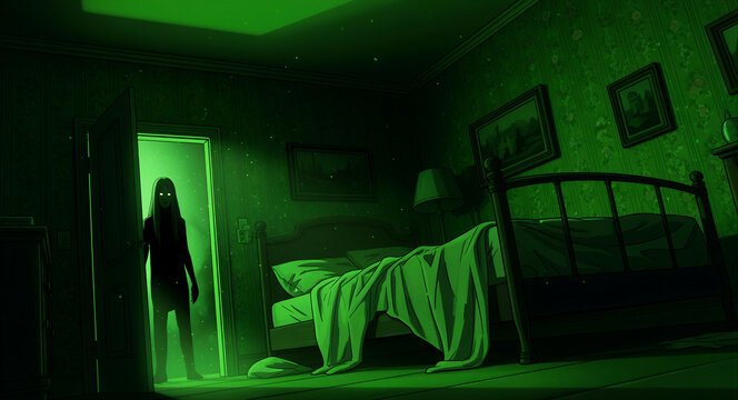 Spooky silhouette of a ghostly figure with glowing eyes standing in a bedroom doorway. Eerie green light illuminates the dark vintage room and unmade bed. Supernatural horror concept for thrillers.