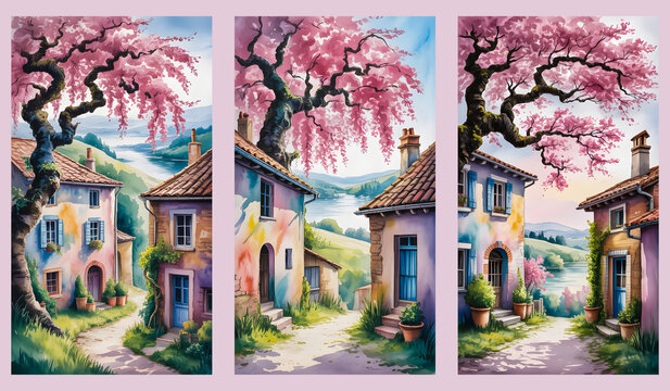 Picturesque Mediterranean Village Scene with Pastel Houses, Cobblestone Path, and Blossoming Tree