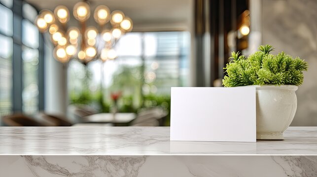 A small potted plant and blank card rest on a marble counter