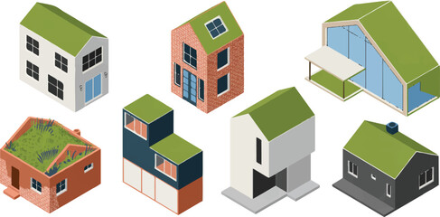 Naklejka premium Modern eco friendly residential houses collection featuring green rooftops and solar panels in isometric perspective view set.