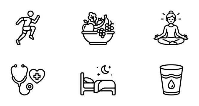 Healthy Lifestyle Icons: Running, Nutrition, Meditation, Healthcare, Sleep, Hydration Vector Set