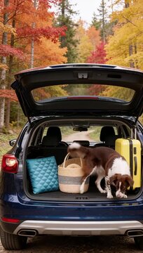 Dog in open car trunk with travel gear on colorful autumn road