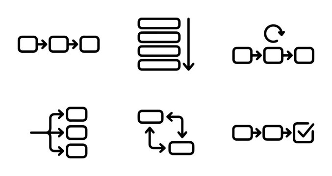 Process Flow Icons Set, Workflow Diagrams, Business Steps, Decision Tree, Sequence Charts, Project Management Icons, Vector Graphics