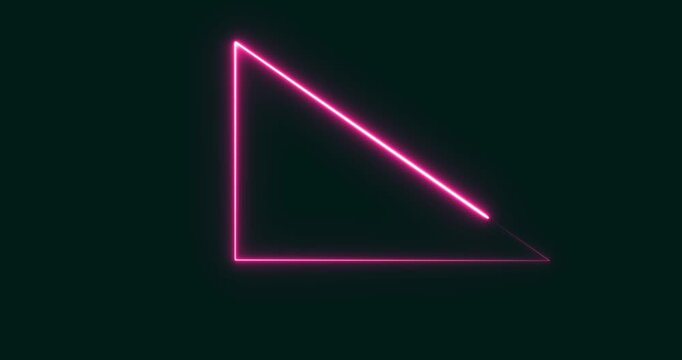 Neon right triangle icon in line style. Flat design. Purple neon on a black background. Motion graphics of neon triangle