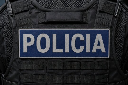 Closeup of a police officers tactical vest with a policia patch