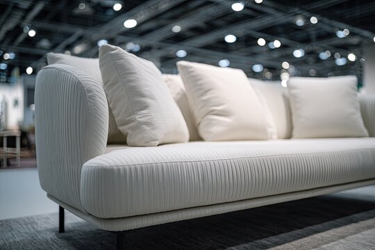 A plush, textured cream-colored sofa with multiple pillows in a showroom setting