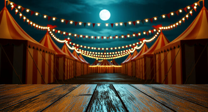 Empty wooden table with a blurred circus festival at night in the background. Illuminated carnival tents and string lights shine under a bright full moon. Whimsical fairground mockup background.