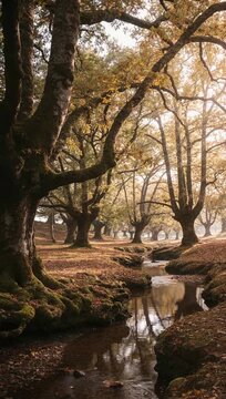 Peaceful autumn forest stream with golden trees and natural reflections