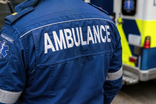 Back view of a paramedic wearing a blue uniform with ambulance text
