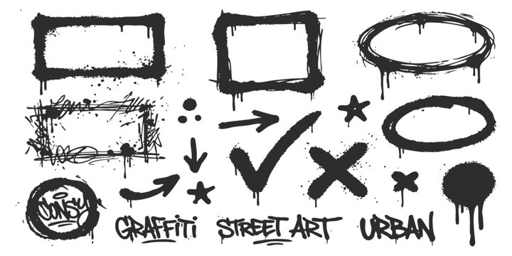 Set of black graffiti spray paint frames and design elements with drips and messy urban street art shapes