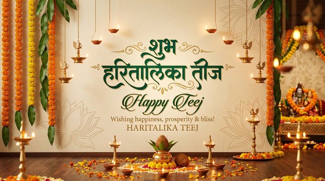 
Happy teej festival greeting card with traditional decorations