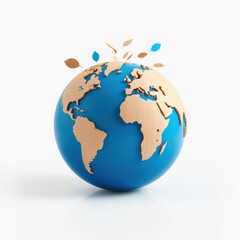 Fototapeta premium Globe depicts continents crafted from wood. Leaves float above, symbolizing nature, environment, sustainability. Blue oceans contrast warm tones.