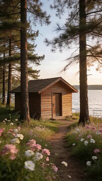 Cozy wooden cabin by lake in pine forest garden