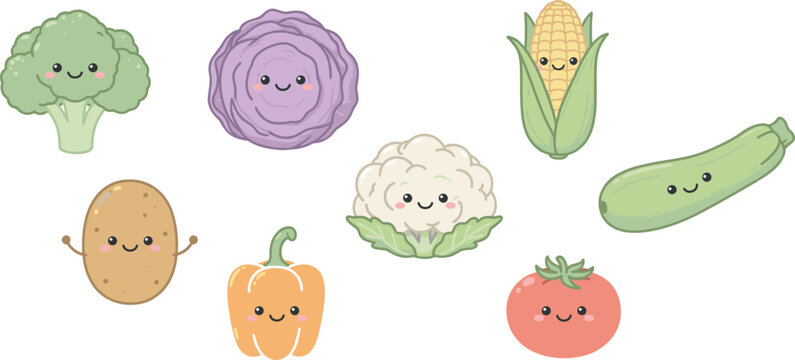 Cute kawaii vegetable sticker set with funny smiling cartoon characters vector illustration asset pack