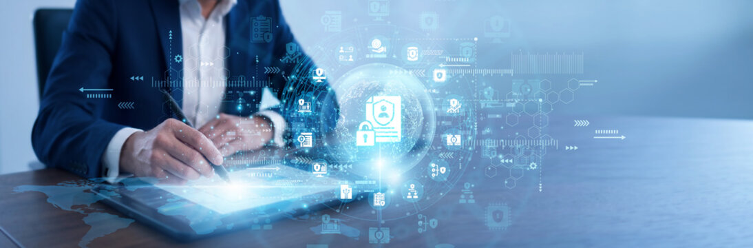 Compliance officer using a tablet to manage Data Privacy standards. Reviewing user consent logs and encryption compliance on the device ensures that sensitive client information is protected.