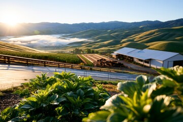 Fototapeta premium Organic Cattle Ranch Beside Rolling Hills Covered in Morning Fog and Sunlight at Dawn