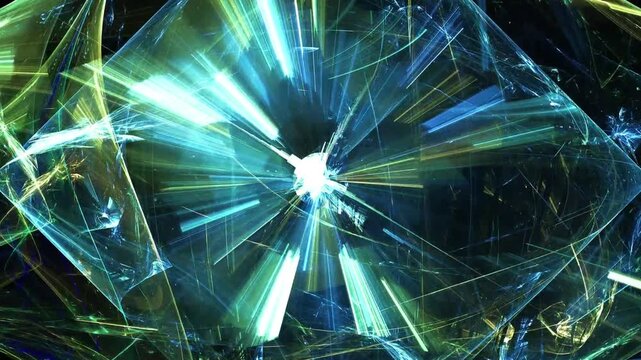 Abstract futuristic technology fractal background with exploding blue and green light rays