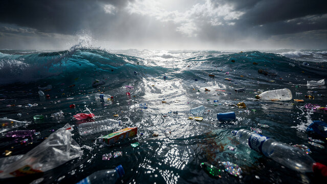 Plastic waste and debris floating on ocean waves under a dramatic sky. Bottles and garbage polluting the blue sea water. Environmental crisis concept, ideal for ecological awareness campaigns.