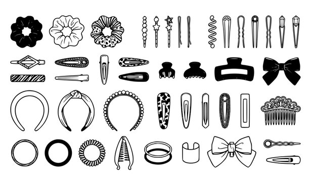 Hair Accessories Collection Black and White Vector Set with Scrunchies Clips Hairpins and Headbands