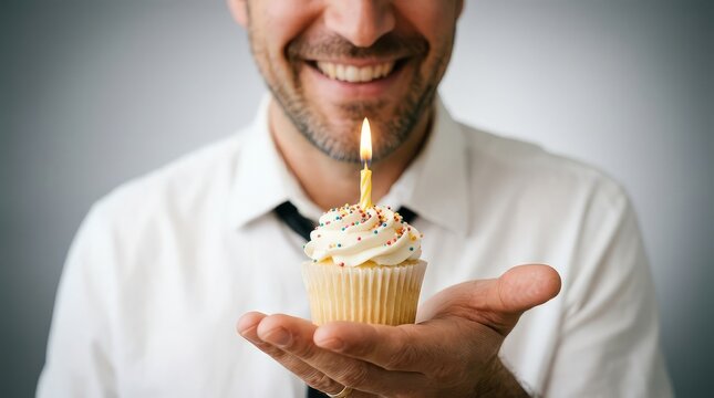 Man holding cupcake with lit candle