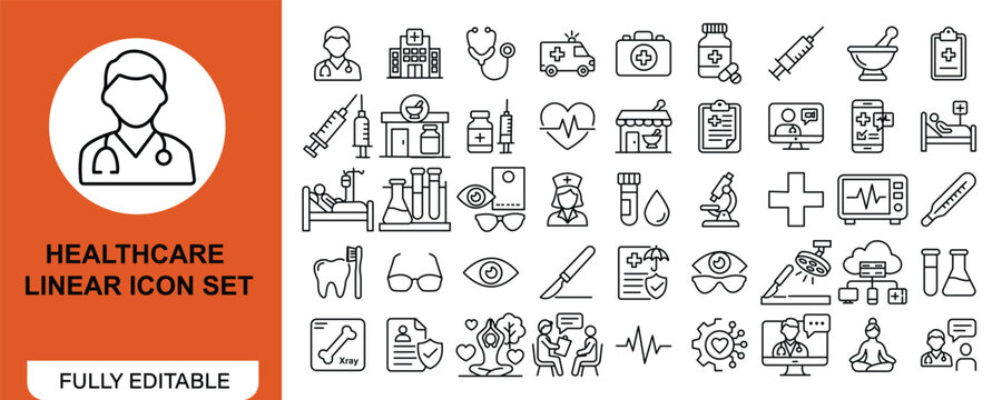 Healthcare and medical linear icon set outline vector icons for hospital, stethoscope, ambulance, first aid kit, medicine bottle, syringe, vaccine, heart monitor, pharmacy, medical report
