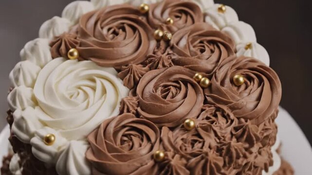 An exquisite multi-tiered chocolate and vanilla frosted cake adorned with golden pearls, perfect for any celebration.