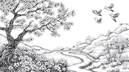 Fototapeta premium Blooming Tree, Birds, Winding Path, Peaceful Landscape, Artistic Illustration