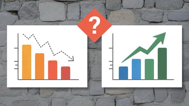 Business data comparison with question mark, contrasting graphs on stone background