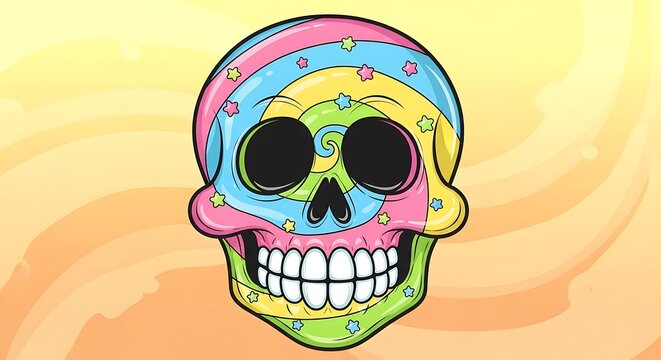 Psychedelic colorful spiral pattern skull illustration.