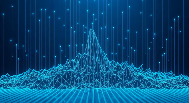 Digital data mountain visualization with glowing points and vertical lines mountain visualization technology abstract statistics information connection analysis internet structure